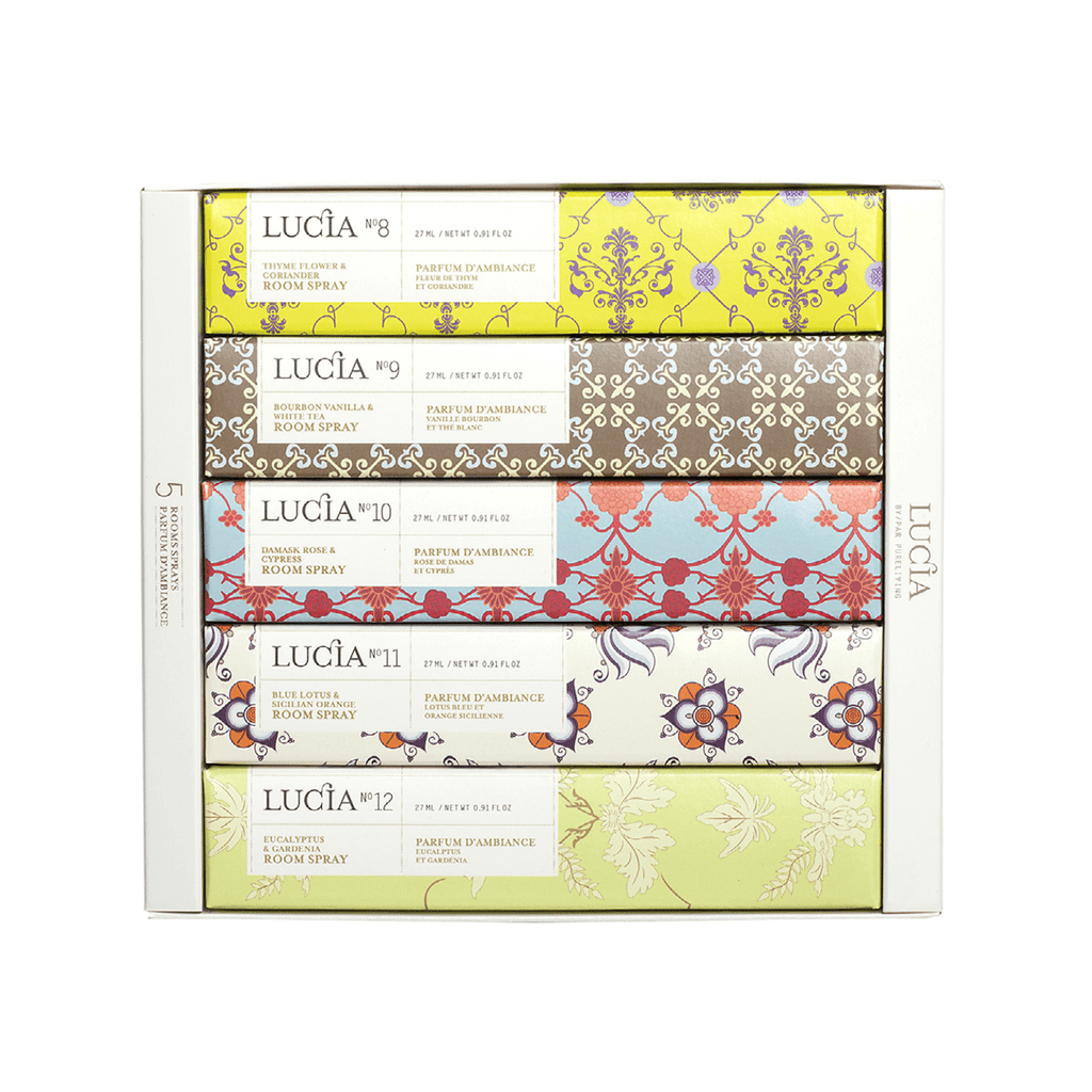 Variety Room Spray Set: N°8 Thyme Flower & Coriander, N°9 Bourbon Vanilla & White Tea, N°10 Damask Rose & Cypress, N°11 Blue Lotus & Sicilian Orange, N°12 Eucalyptus & Gardenia